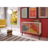 Manhattan Comfort Funky Avesta Side Table 2.0 with 3 Shelves in a White Frame with a Colorful Stamp Door