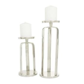 CosmoLiving by Cosmopolitan 2 Candle Silver Aluminum Geometric Pillar Candle Holder, Set of 2