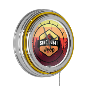 Neon Wall Clock-Jeep Sunset Mountain Double Rung Analog Clock with Pull Chain-Pub, Garage, or Man Cave Accessories (Yellow)