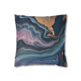 Decorative Throw Pillow Covers With Zipper - Set Of 2, Blue Pink Gold Abstract Marble Swirl Pattern