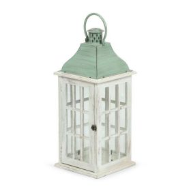 Noble House Montville Mango Wood Handcrafted Decorative Lantern, White and Green Patina
