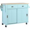 Kitchen Cart with Rubber wood Drop-Leaf Countertop, Concealed sliding barn door adjustable height,Kitchen Island on 4 Wheels with Storage Cabinet and