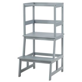 Kids Wooden Kitchen Step Stool with Safety Rail (Color: gray)