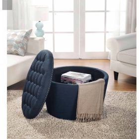 Round Tufted Storage Ottoman with Nailheads (Color: Navy)