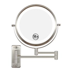 8 Inch Wall-Mounted Makeup Mirror, Double Sided 1x/10x Magnifying Makeup Mirror, 3 Colour Lights Touch Screen Dimmable Bathroom Mirror, 360° Swivel Va (Color: Brushed Nickel)