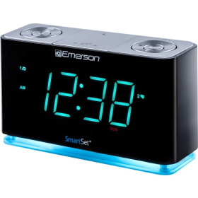Emerson SmartSet Alarm Clock Radio with Bluetooth Speaker, USB Charger for iPhone and Android, Night Light, and Cyan LED Display (Brand: Emerson Radio)